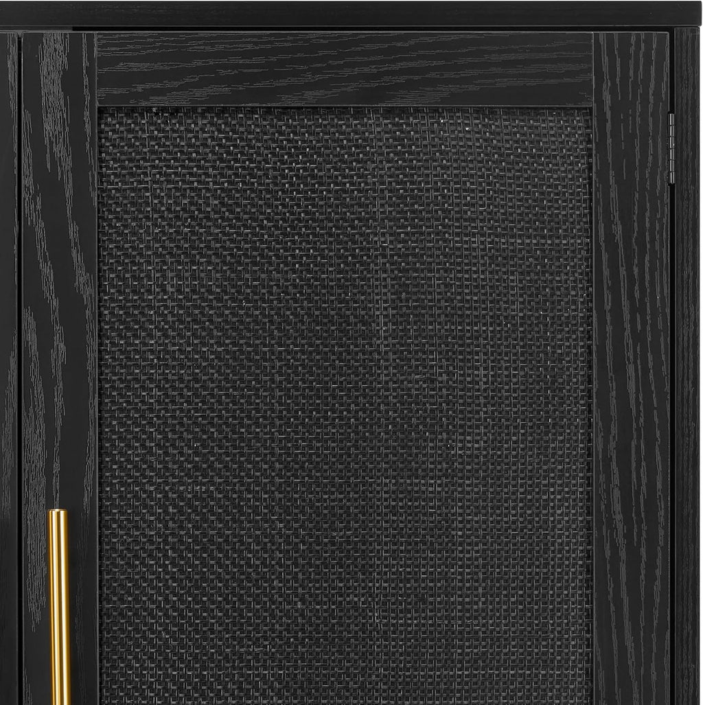 Finnhomy 4 Door Sideboard Buffet Cabinet, Kitchen Storage Buffet with Black Painted Rattan Decorated Doors, Cupboard Console Table, Boho Accent Liquor Cabinet, 62.3X 15.7X 34.6 Inches, Full Black