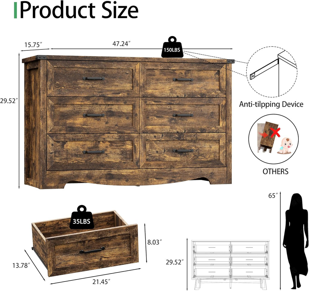 Dresser for Bedroom with 6 Drawers, 48' Wide Wood Chest of Drawers with Deep Drawers & Mental Handle, Wooden Dresser TV Stand, Modern Closet Storage Organizer for Living Room, Hallway, Entryway, Brown