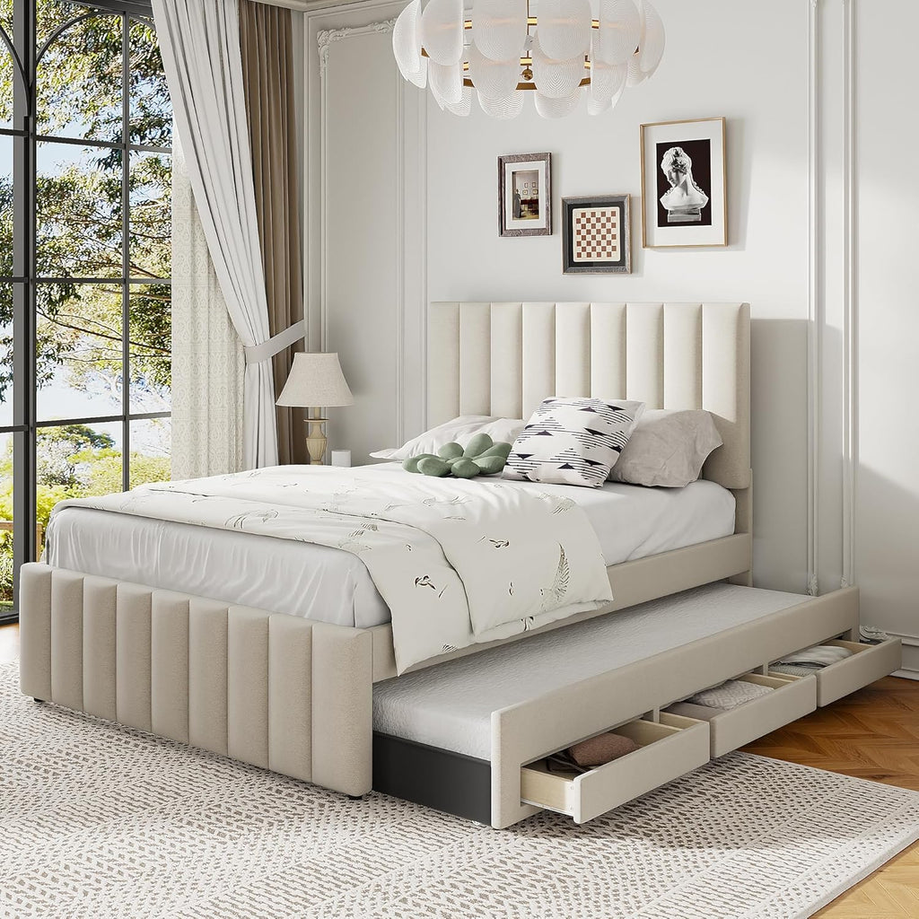 VilroCaz Full Size Upholstered Platform Bed with Trundle and 3 Drawers, Linen Fabric Platform Bed Frame with Stripe Headboard, No Box Spring Needed, Space Savings (Beige-6.16)