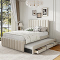 VilroCaz Full Size Upholstered Platform Bed with Trundle and 3 Drawers, Linen Fabric Platform Bed Frame with Stripe Headboard, No Box Spring Needed, Space Savings (Beige-6.16)