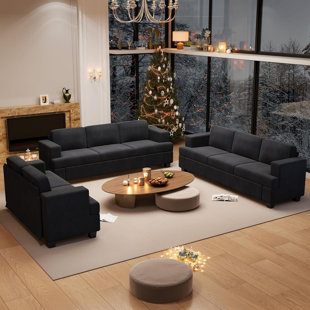 Fiona's magic 8 Seats Couch Set, 3 Piece Set Comfy Sofa, 3 Seater*2 & Loveseat Sofa with Deep Seats for Living Room, Modern Sleeper Couch, Black Corduroy