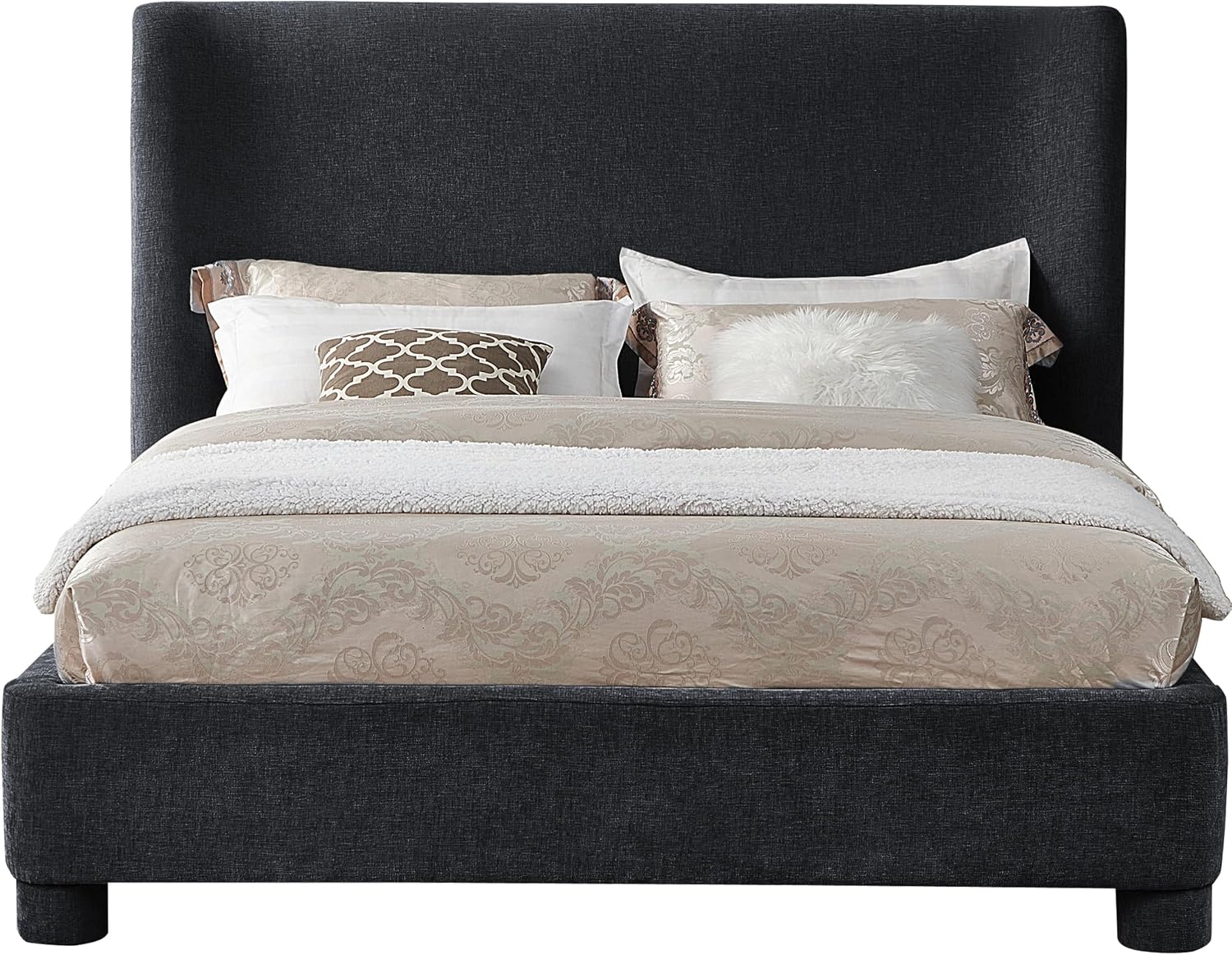 Meridian Furniture B1207Black-Q Penny Collection Modern | Contemporary Queen Bed with Rich Black Chenille Fabric, Curved Headboard, 73' W x 88' D x 52' H, Black, Queen