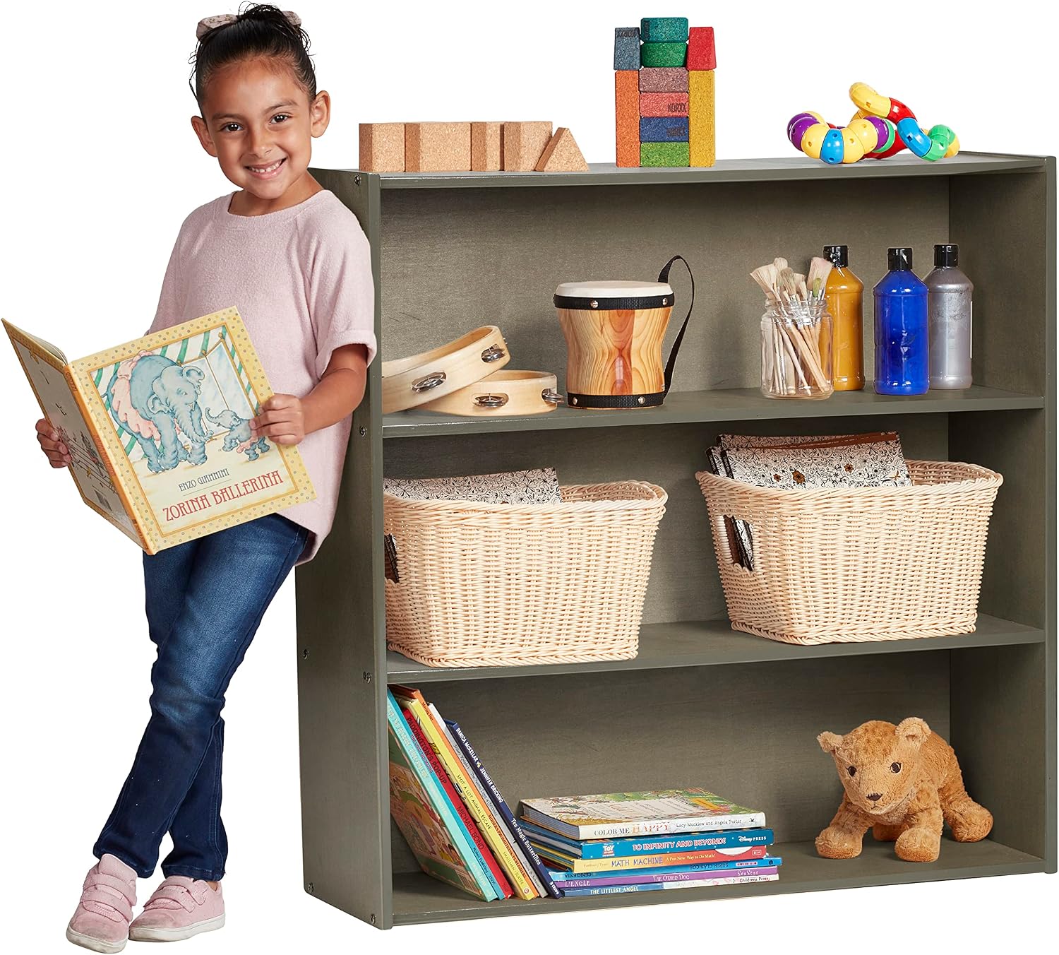 ECR4Kids Birch Streamline 3-Shelf Storage Cabinet, 36in High, Bookcase for Classroom and Playroom, Grey Wash