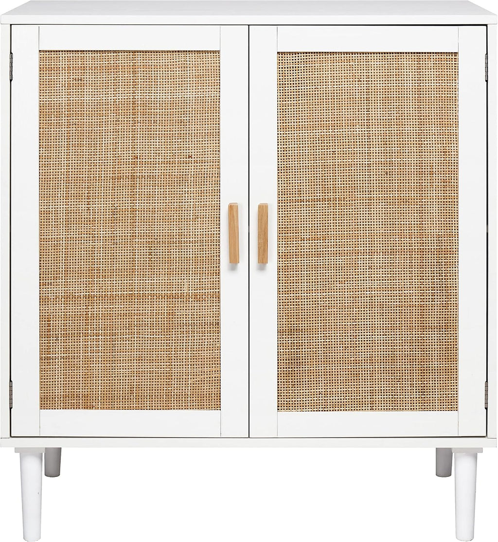 Finnhomy Sideboard Buffet Cabinet, Kitchen Storage Console with Rattan Decorated Doors, Liquor Buffet, Dining Room, Hallway, Cupboard Console Table, Accent Cabinet, 31.5X 15.8X 34.6 Inches, White