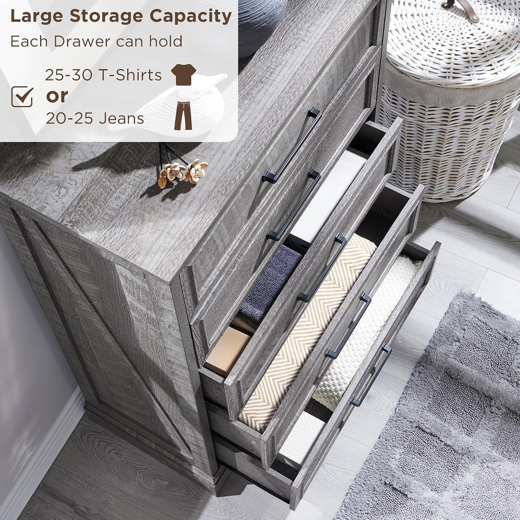 ACCOHOHO Farmhouse 5 Drawers Dresser Chests for Bedroom,46' Tall Wood Rustic Chest of Drawers with Wide Metal Handle,Natural Texture,Drawer Organizer for Bedroom,Living Room,Hallway and Entryway,Grey
