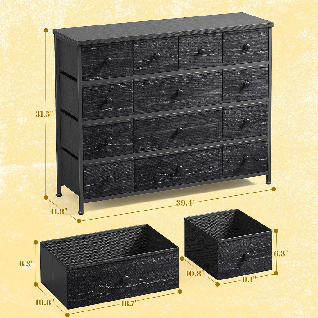 EnHomee Black Dresser with 13 Fabric Drawers TV Stand for Bedroom for 45 Inch TV Chests of Drawers for Living Room, Entryway, Wood Top and Sturdy Frame