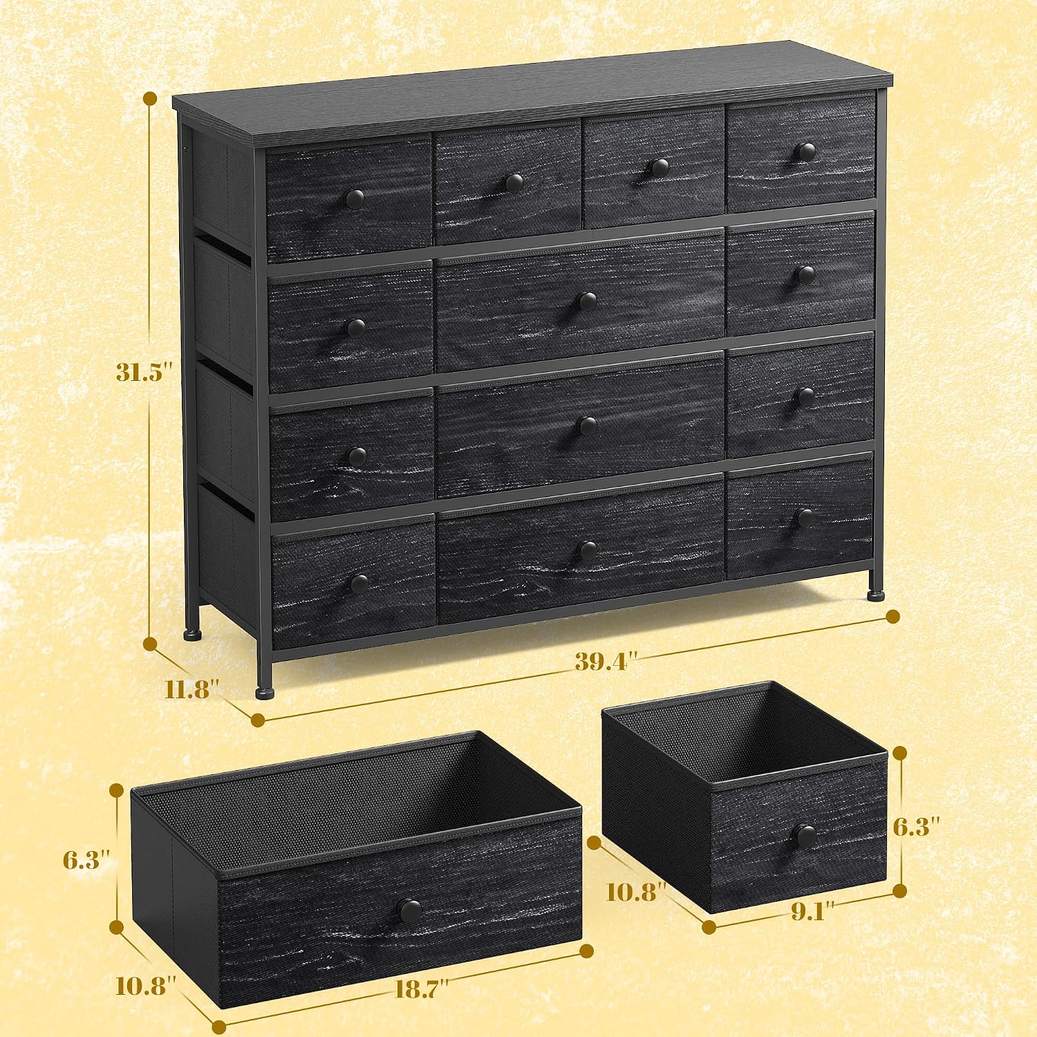 EnHomee Black Dresser with 13 Fabric Drawers TV Stand for Bedroom for 45 Inch TV Chests of Drawers for Living Room, Entryway, Wood Top and Sturdy Frame