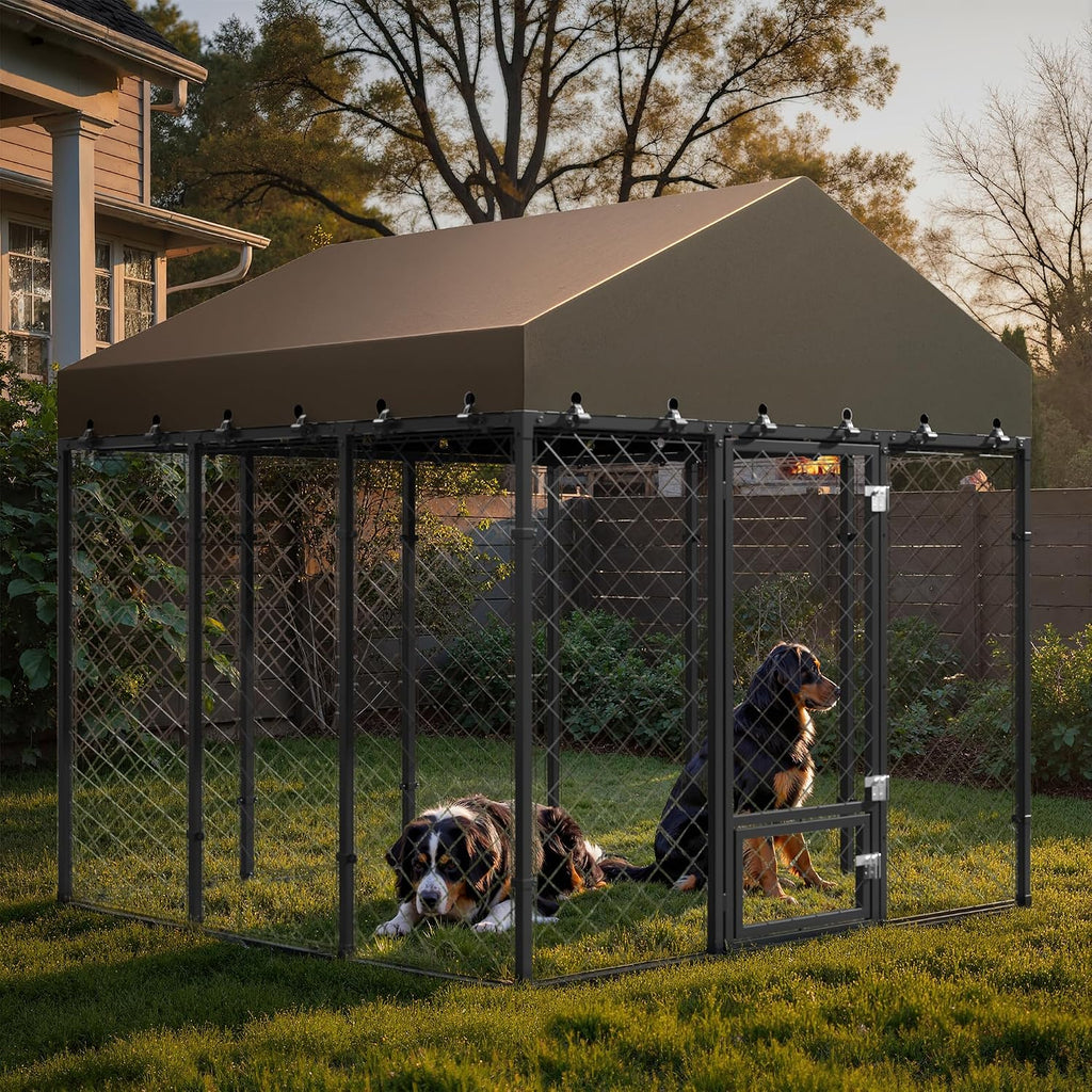 6x6FT Dog Kennel Outdoor with Roof - Heavy Duty Metal Fence Playpen for Large Dogs, Weatherproof Enclosure with Double Lock Gate & Feeding Swivel Door