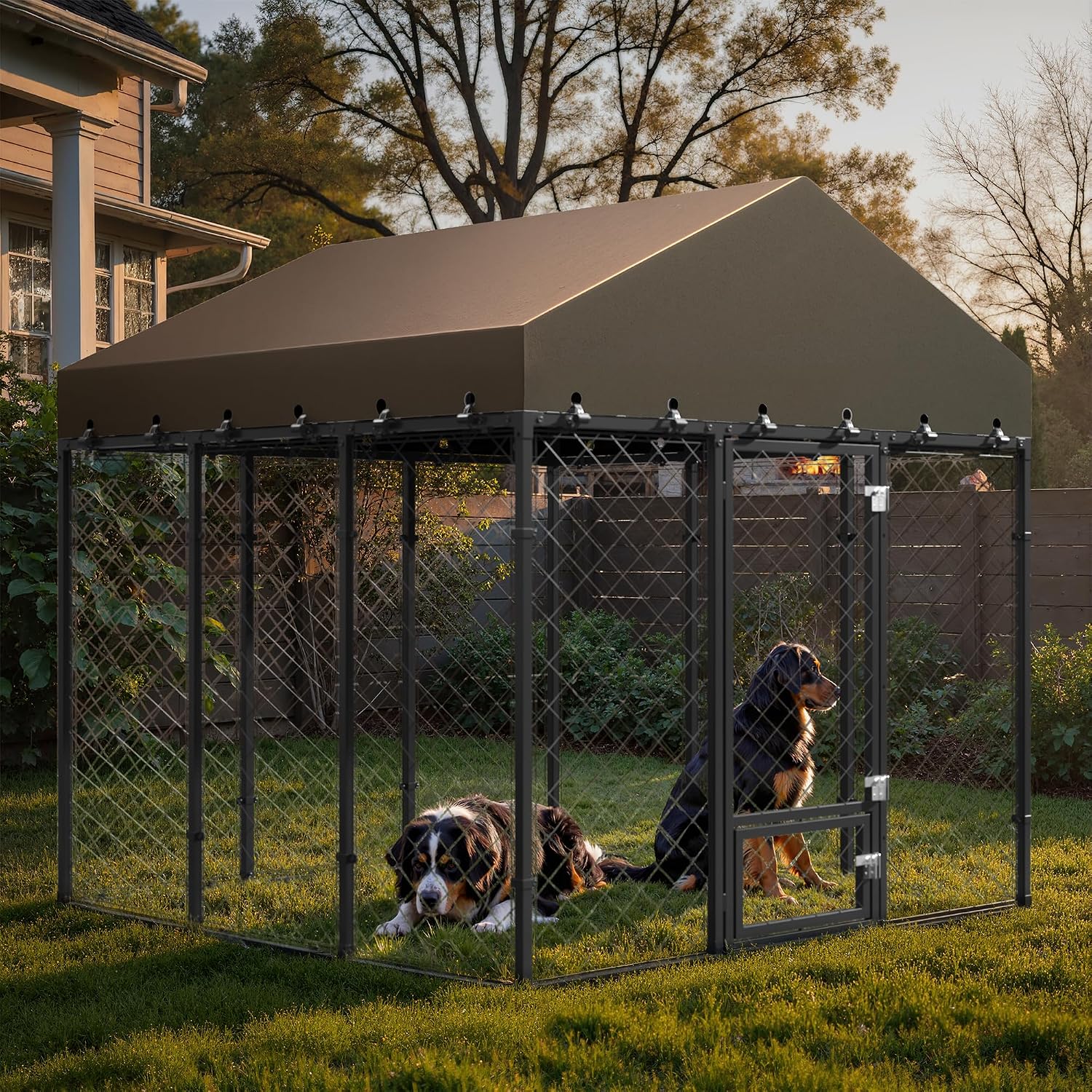 6x6FT Dog Kennel Outdoor with Roof - Heavy Duty Metal Fence Playpen for Large Dogs, Weatherproof Enclosure with Double Lock Gate & Feeding Swivel Door