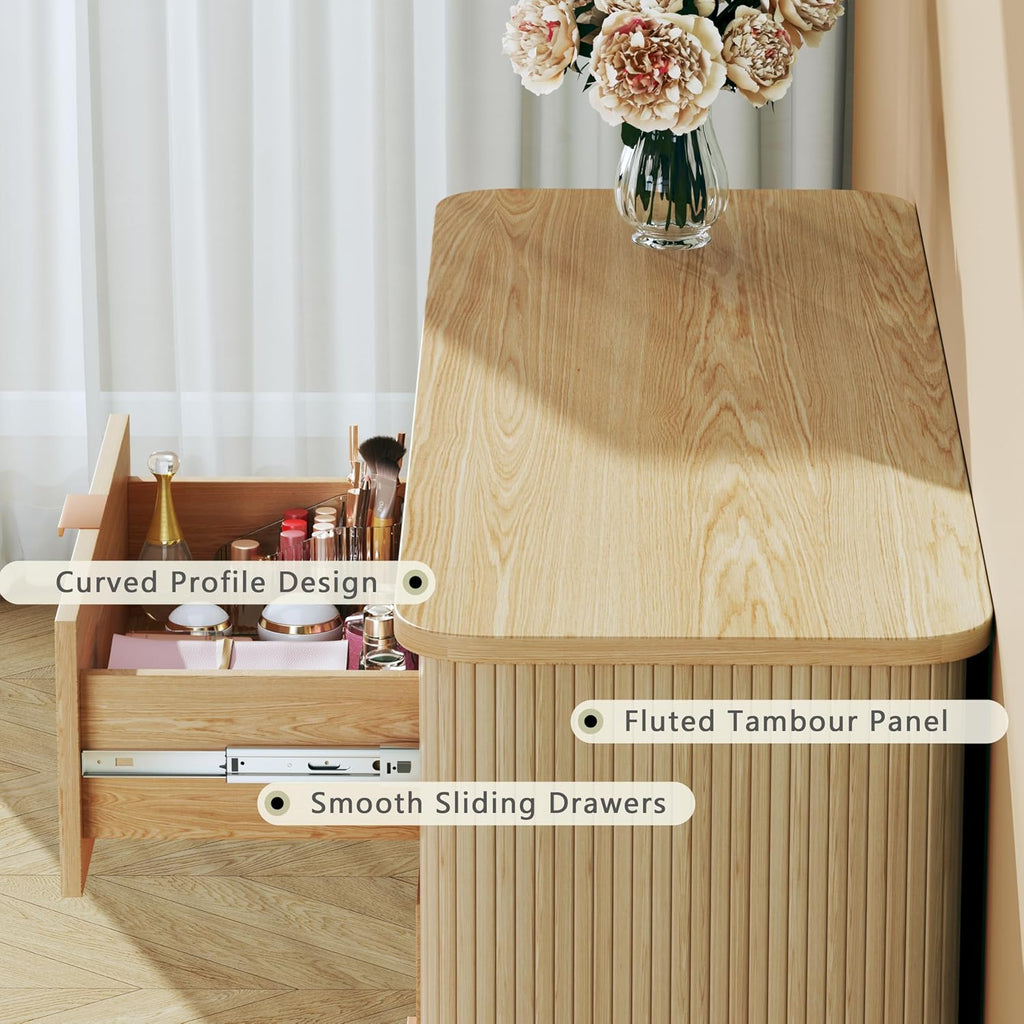 6 Drawer Dresser for Bedroom, Mid Century Modern Dresser with Curved Profile & Fluted Design, Wide Wood Chests of Drawers Storage for Bedroom, Entryway, Hallway, Oak