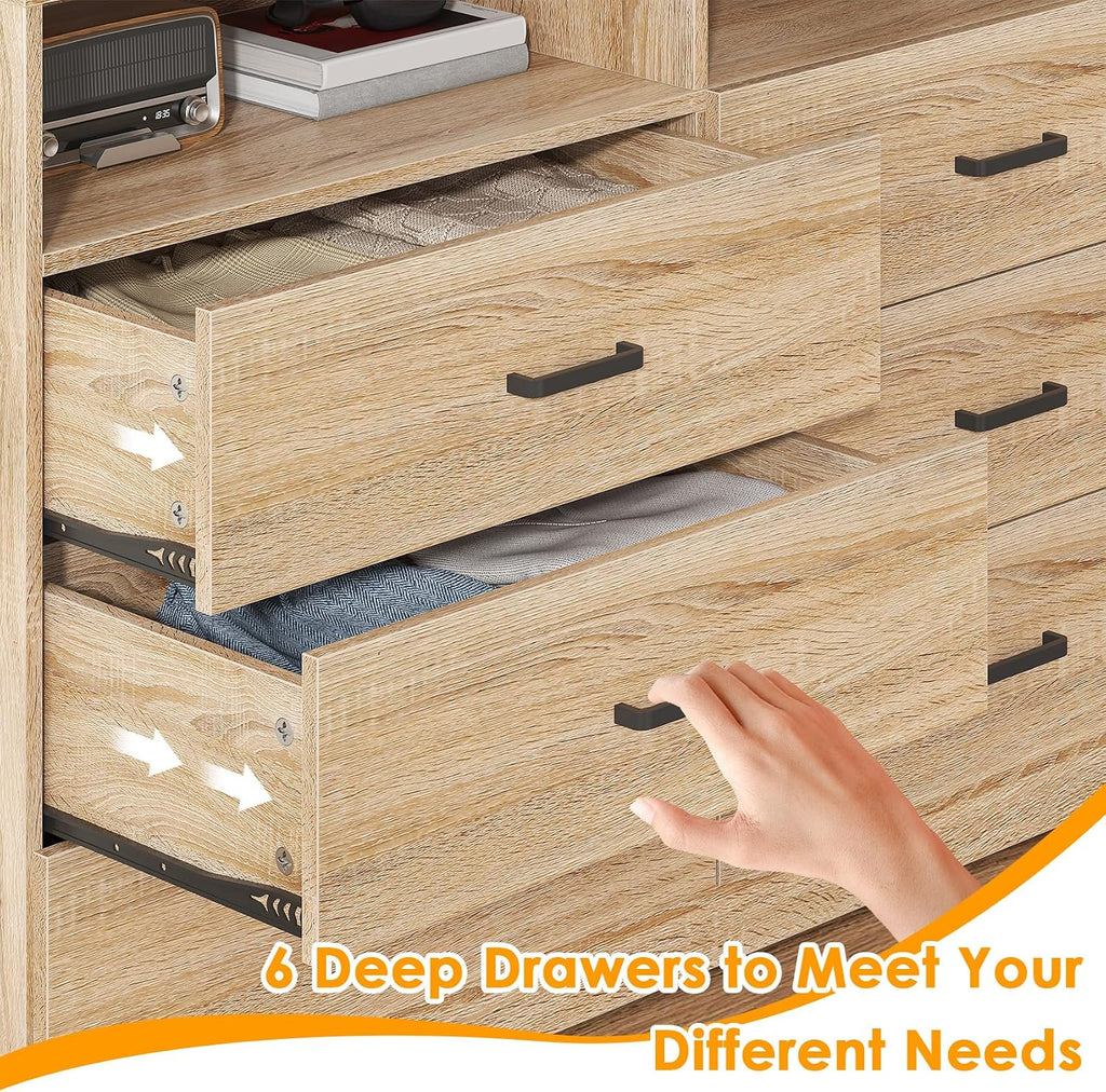 Bigbiglife 6 Drawers Dresser for Bedroom Wooden Drawer with Open Storage Cubby, Double Wide Dresser Organizer for Bedroom, Living Room, Entryway, Hallway (Light Oak)