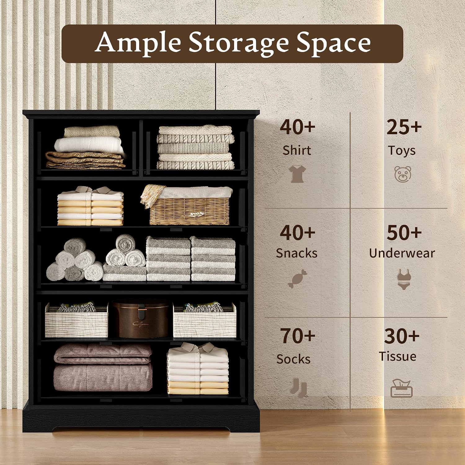 Farmhouse 6 Drawers Dresser for Bedroom, 43' Tall Wood Chest of Drawers with Deep Drawers & Bar Handles, Modern Dresser TV Stand, Rustic Wooden Closet Storage Organizer for Living Room, Hallway, Black