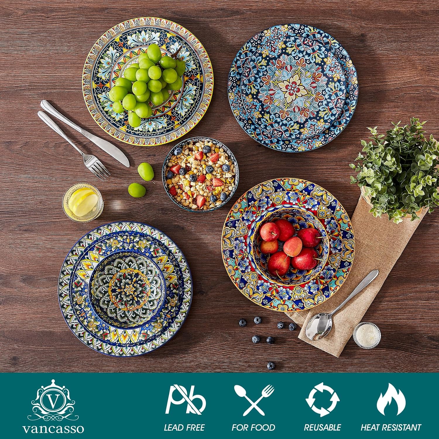 vancasso 18 Pieces Dinnerware Sets, Plates and Bowls Set, Porcelain Dishes Set for 6, Microwave and Dishwasher Safe, Scratch Resistant, Bohemian Style Dining Ware Service for 6, Series SIMI