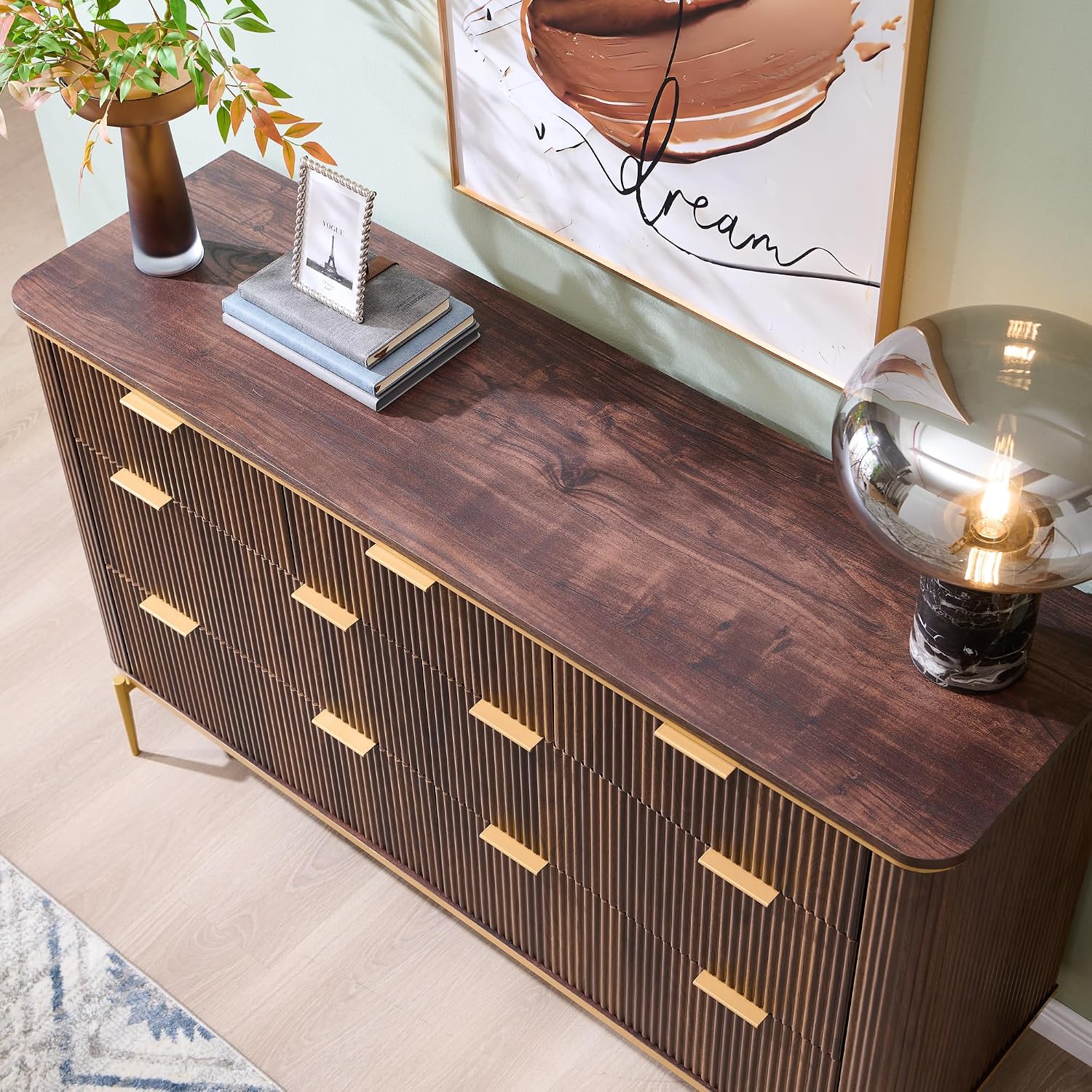 T4TREAM Fluted 7 Drawers Dresser for Bedroom, 54' Wide Modern Dresser TV Stand, Gold Accents, Fluted Fronts, Wood Storage Dressers Organizer for Bedroom, Living Room, Dark Walnut