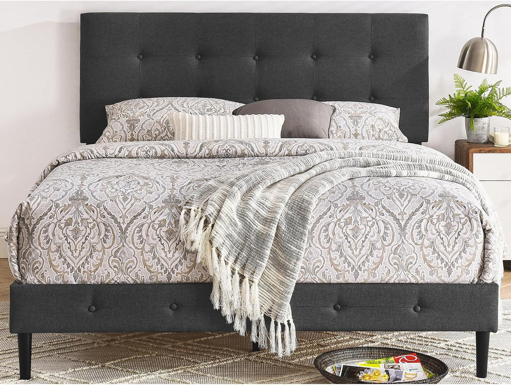 Decoro Cambridge Upholstered Wooden Platform Bed Frame, Queen Size, Dark Grey