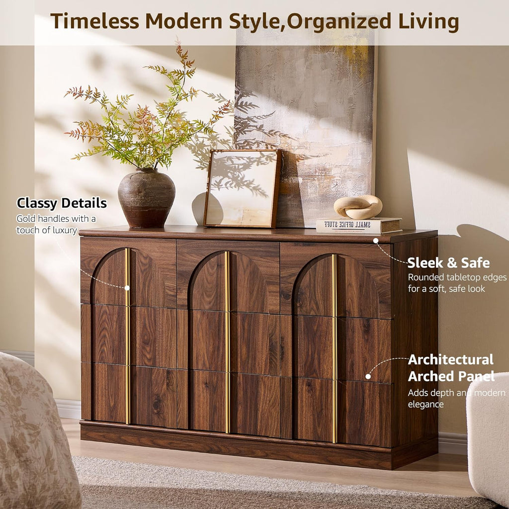 ACCOHOHO Arched Dresser for Bedroom with 9 Drawers, 52' Wide Modern Chest of Drawers with Rounded Edge & Metal Handles, Wood Storage Closet Dressers TV Stand for Living Room, Hallway, Brown