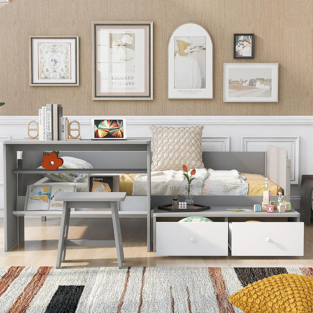 Functional Design Twin Size Platform Bed Daybed with 2 Drawers and 1 Chair&Desk Set, Solid Wood Daybed Frame with Full-Length Guardrails for Kids Boys Girls, Sturdy Slat Support (Gray+White)