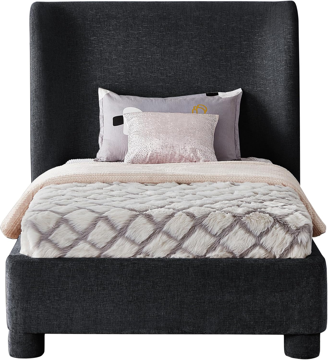 Meridian Furniture B1207Black-T Penny Collection Modern | Contemporary Twin Bed with Rich Black Chenille Fabric, Curved Headboard, 52' W x 82.5' D x 52' H, Black, Twin