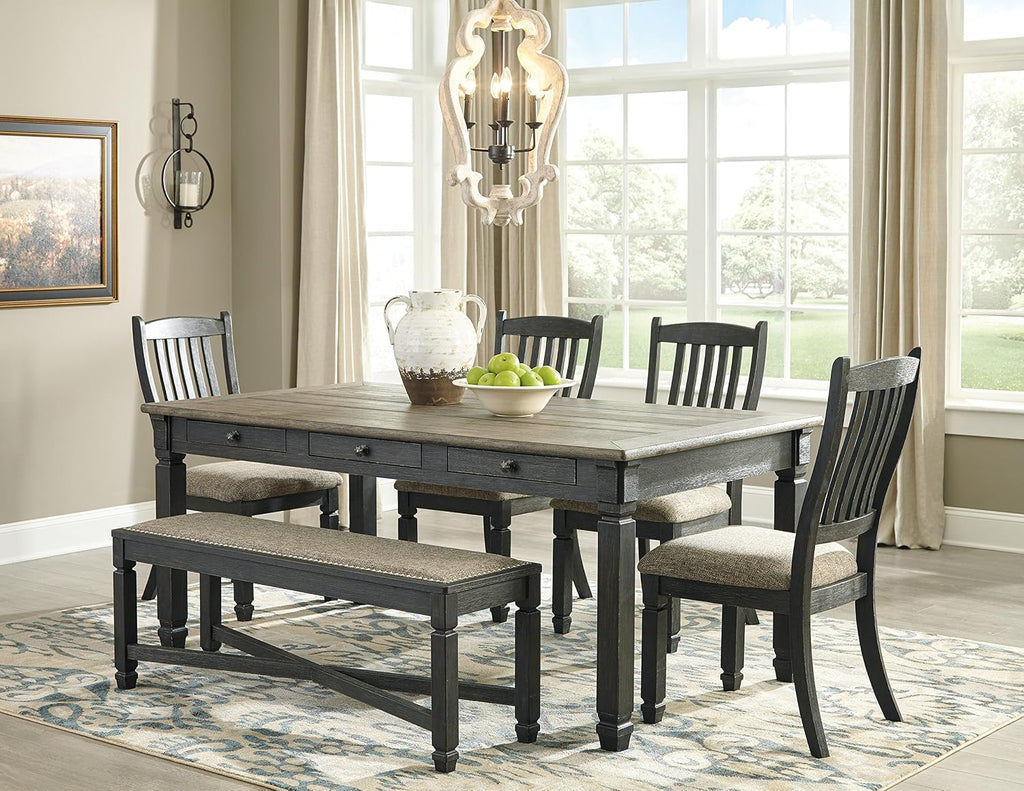 Signature Design by Ashley Tyler Creek Farmhouse Upholstered Dining Room Bench with Tapered Legs, Heavy Woven Fabric, Wood, 19.5' High Seat, Black & Gray