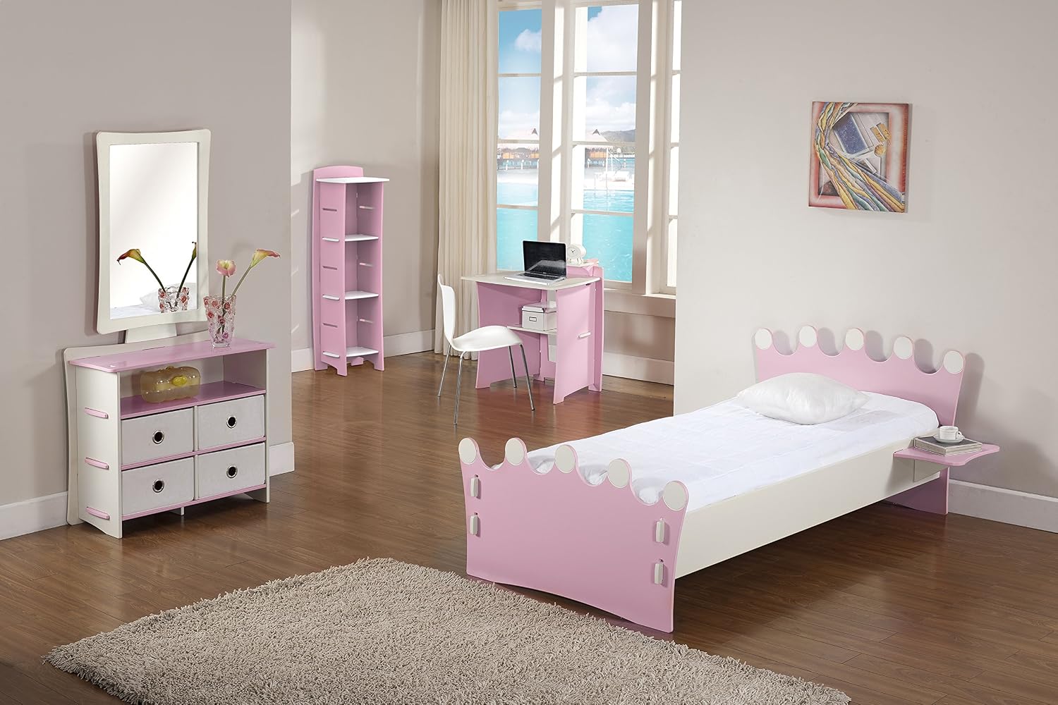 Legaré Furniture Children's Desk with Shelves and File Cart Set for Kids, Princess Series Desk for Bedrooms, Pink and White