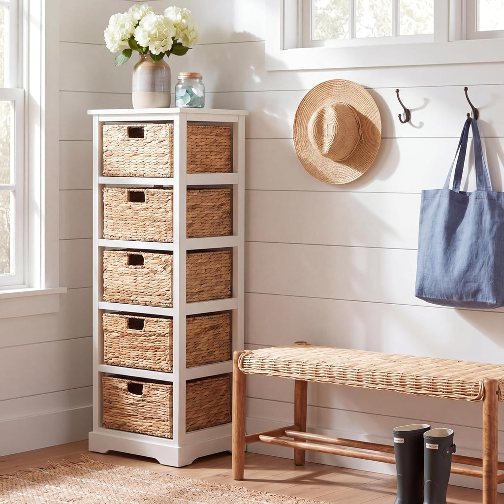 SAFAVIEH Furniture - Vedette 5-Basket Storage Tower - Vintage White - Solid Wood - Coastal Basket Tower Design - Ideal for Entryway, Living Room, 17.5'W x 13.5'D x 46'H - Fully Assembled (AMH5739B)