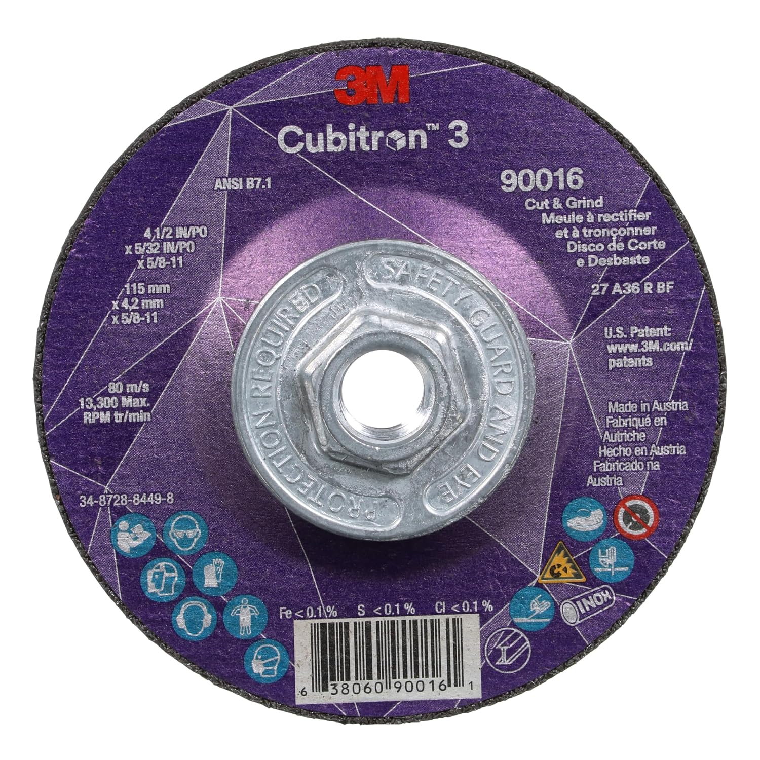 3M Cubitron 3 Cut and Grind Wheel, 90016, 36+, T27, 4-1/2 in x 5/32 in x 5/8 in-11, Pack of 10, ANSI, Longer Life, Faster Cut, Back-Gouging, Fillet Weld Removal, Cutting, Grinding