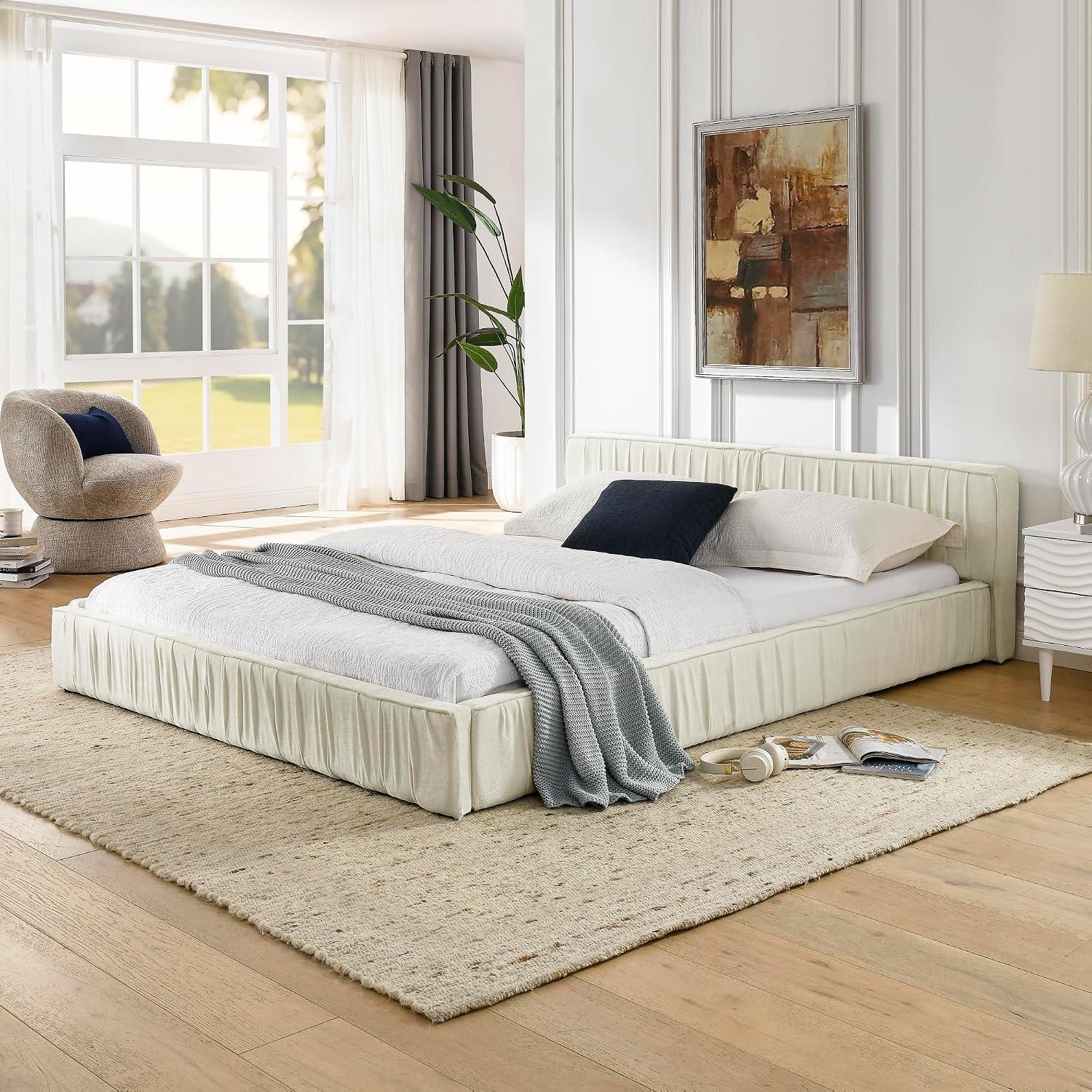 KLMM Queen Size Upholstered Bed Frame with Chenille Fabric with Pleated Design,Grounded Platform Bed with Headboard and Solid Frame,for Bedroom Use (Beige/Chenille, Queen)