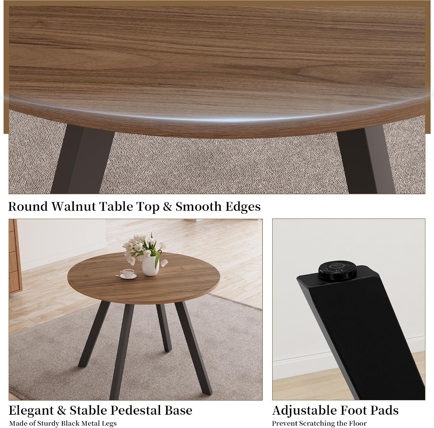 HIPIHOM 34.6 Inch Walnut Round Dining Table for 4, Space-Saving Dinette Perfect for Kitchen Dining Living Room(Walnut Table)