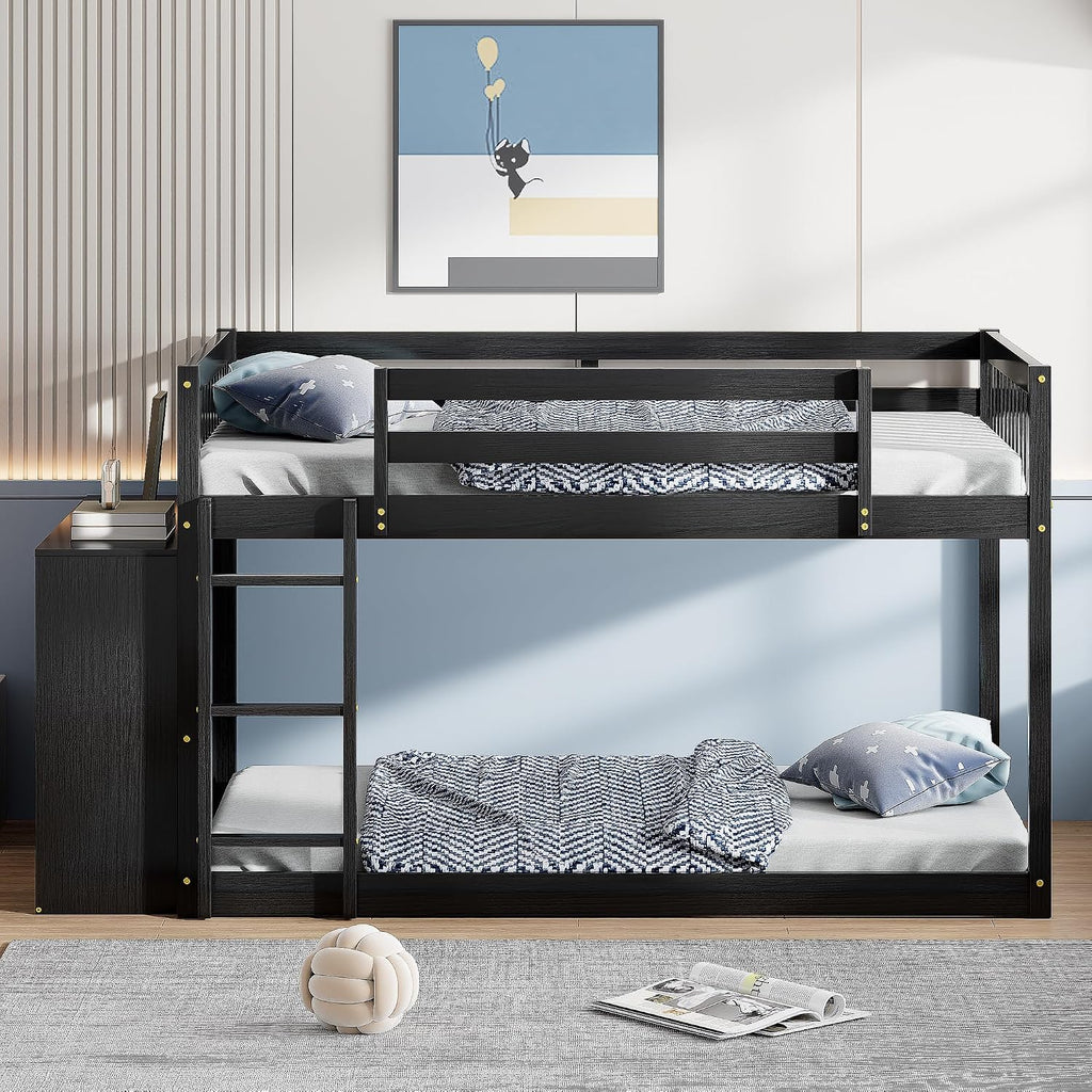 Merax Full Over Full Bunk Bed with 4 Storage Drawers and 3 Shelves, Wooden Floor Bunk Bedframe with Guardrail & Ladders, No Box Spring Needed, Easy Assembly