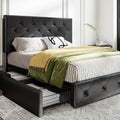 MUTICOR Queen Size Bed Frame with 4 Storage Drawers, Upholstered Platform Bed with Button Tufted Adjustable Headboard, No Box Spring Needed, Easy Assembly, Diamond Tufted, Black Leather