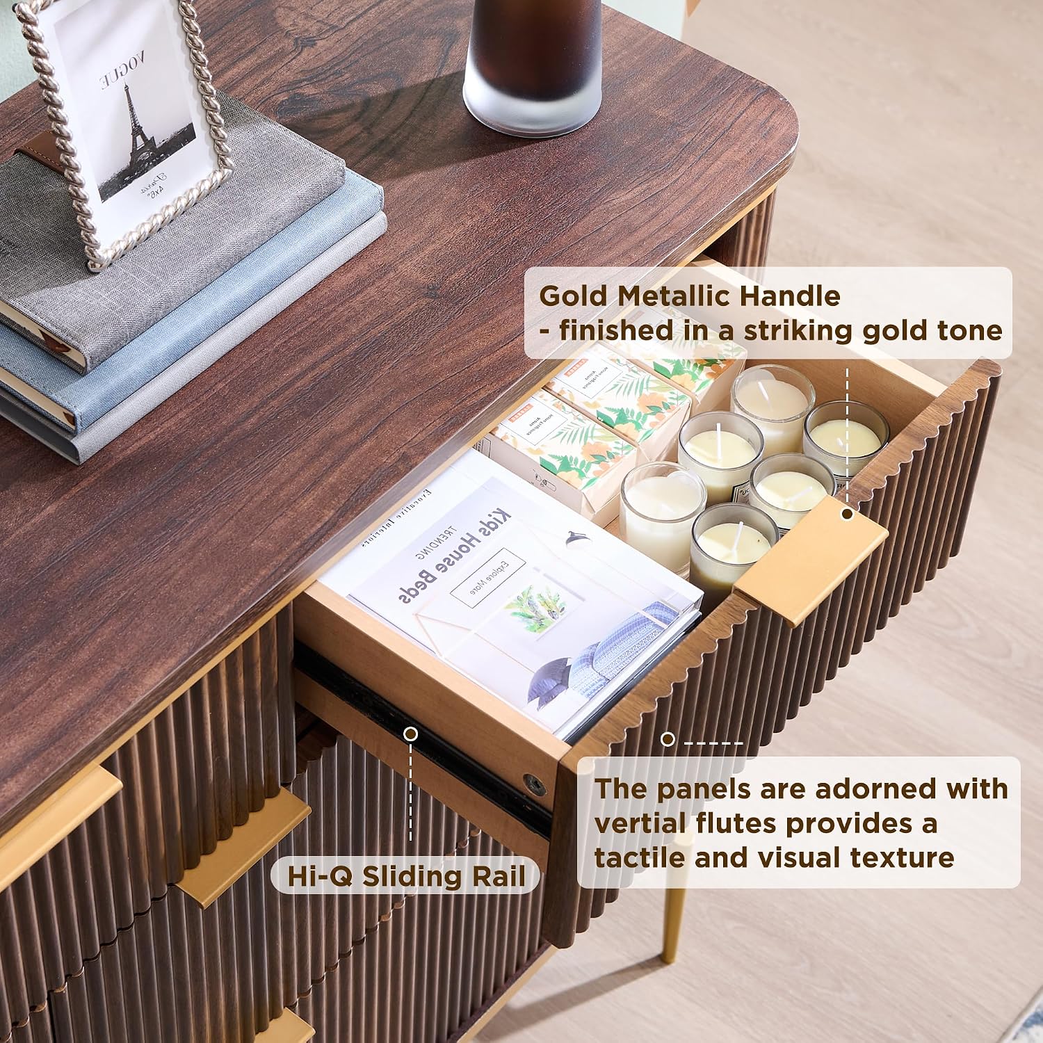 T4TREAM Fluted 7 Drawers Dresser for Bedroom, 54' Wide Modern Dresser TV Stand, Gold Accents, Fluted Fronts, Wood Storage Dressers Organizer for Bedroom, Living Room, Dark Walnut