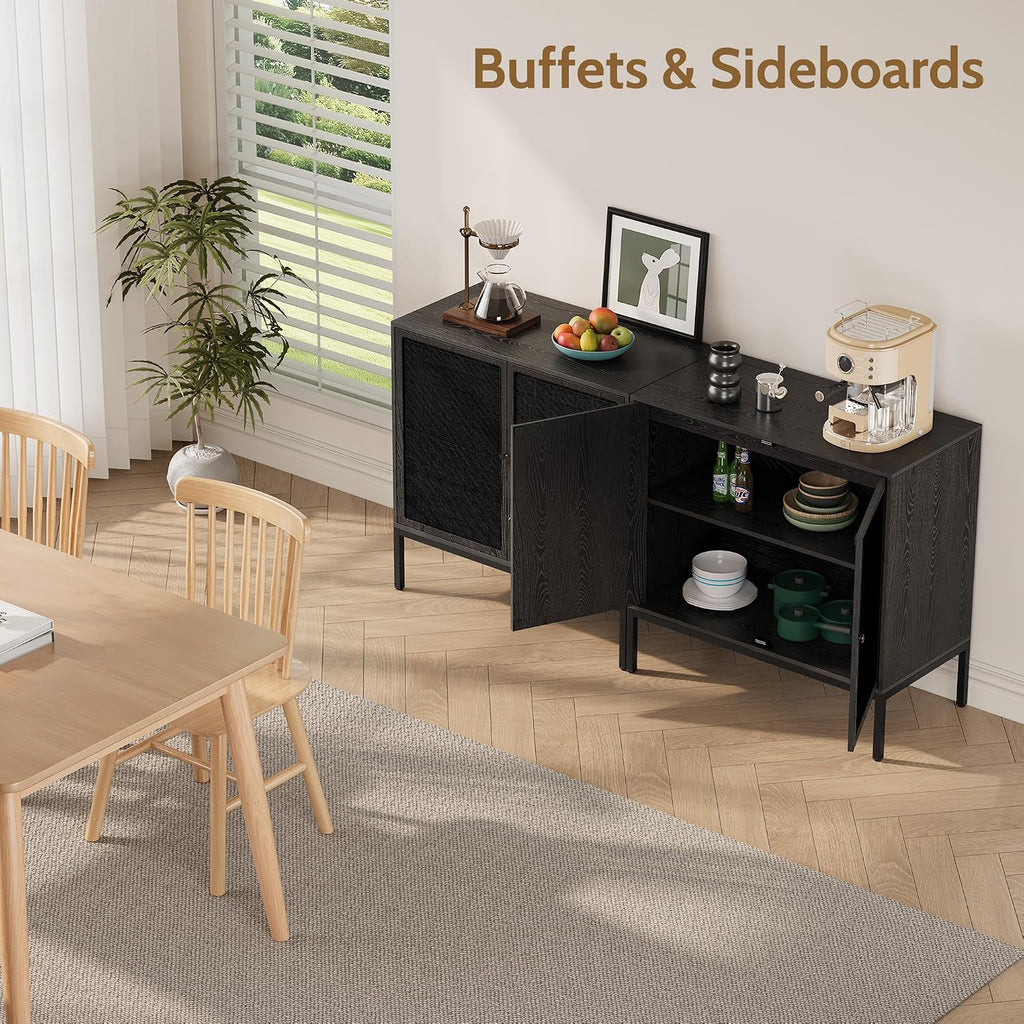 Yechen Full Black Rattan Cabient, Boho Sideboard Cabinet with Natural Rattan Decorated Doors, 31.5' W Accent Cane Credenza Buffet Console Storage, for Living Room Entryway Kitchen, Metal Legs/Set of 3