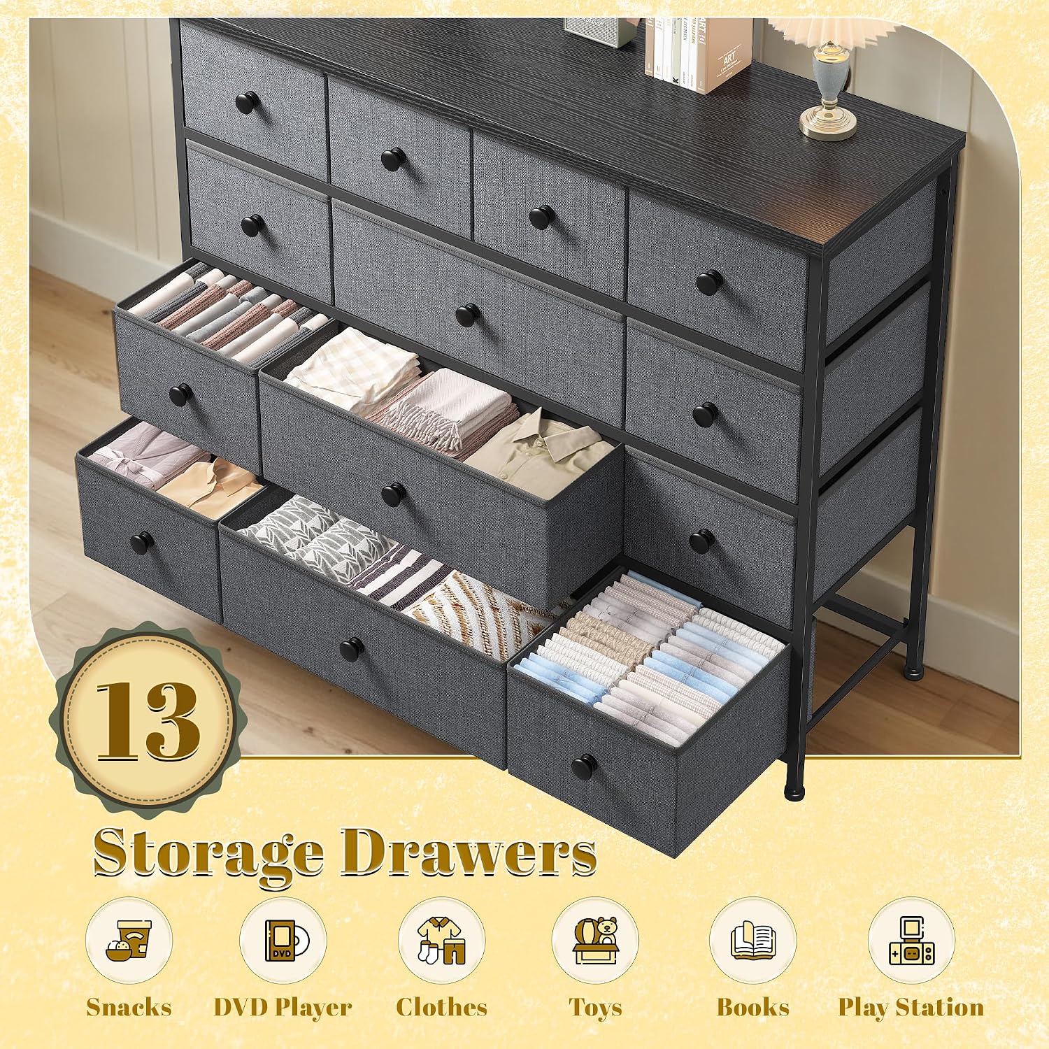 EnHomee Dresser for Bedroom with 13 Fabric Drawers TV Stand for 45 Inch TV Chests of Drawers for Living Room, Wood Top and Sturdy Frame, Grey