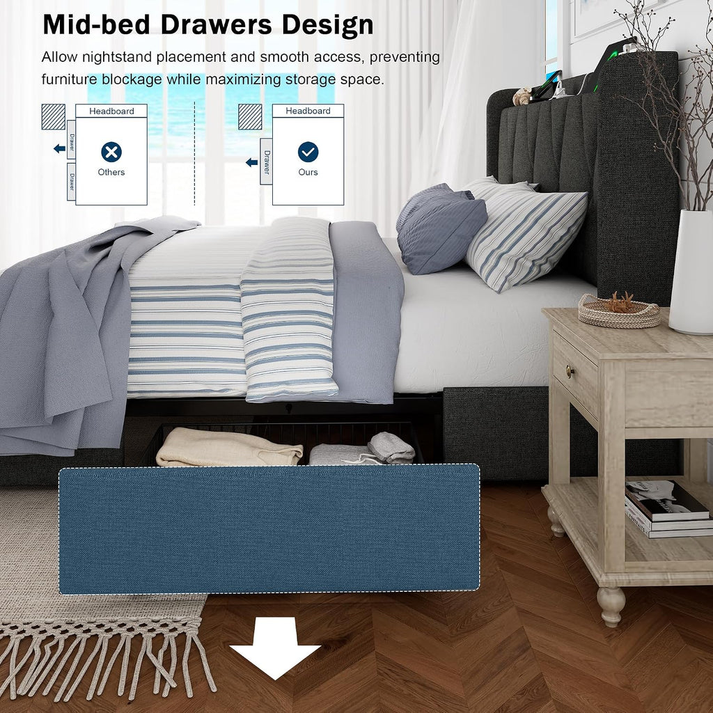 GalnFu King Size Bed Frame with 4 Storage Drawers, Upholstered Platform Bed with Charging Station, Modern Wingback Storage Headboard, Easy Assembly,Noise-Free, Dark Gray