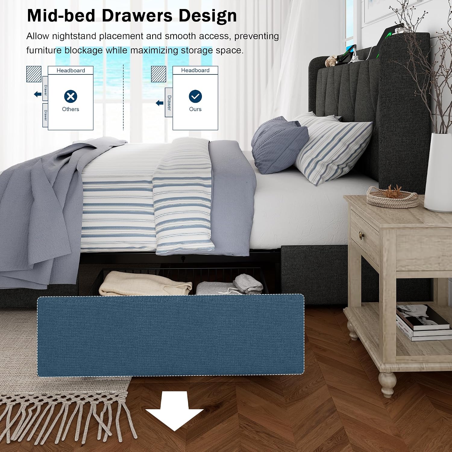 GalnFu King Size Bed Frame with 4 Storage Drawers, Upholstered Platform Bed with Charging Station, Modern Wingback Storage Headboard, Easy Assembly,Noise-Free, Dark Gray