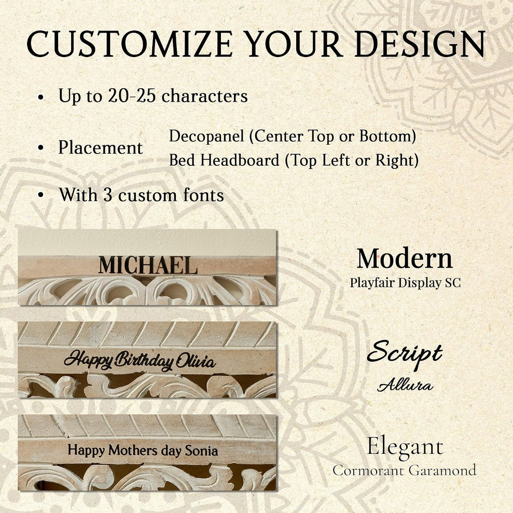 Manusa Antic Custom Engraved Wood Headboard Panels, Personalized Hand Carved Mandala Boho Bedroom Wall Decor, King or Queen, Hardware Included