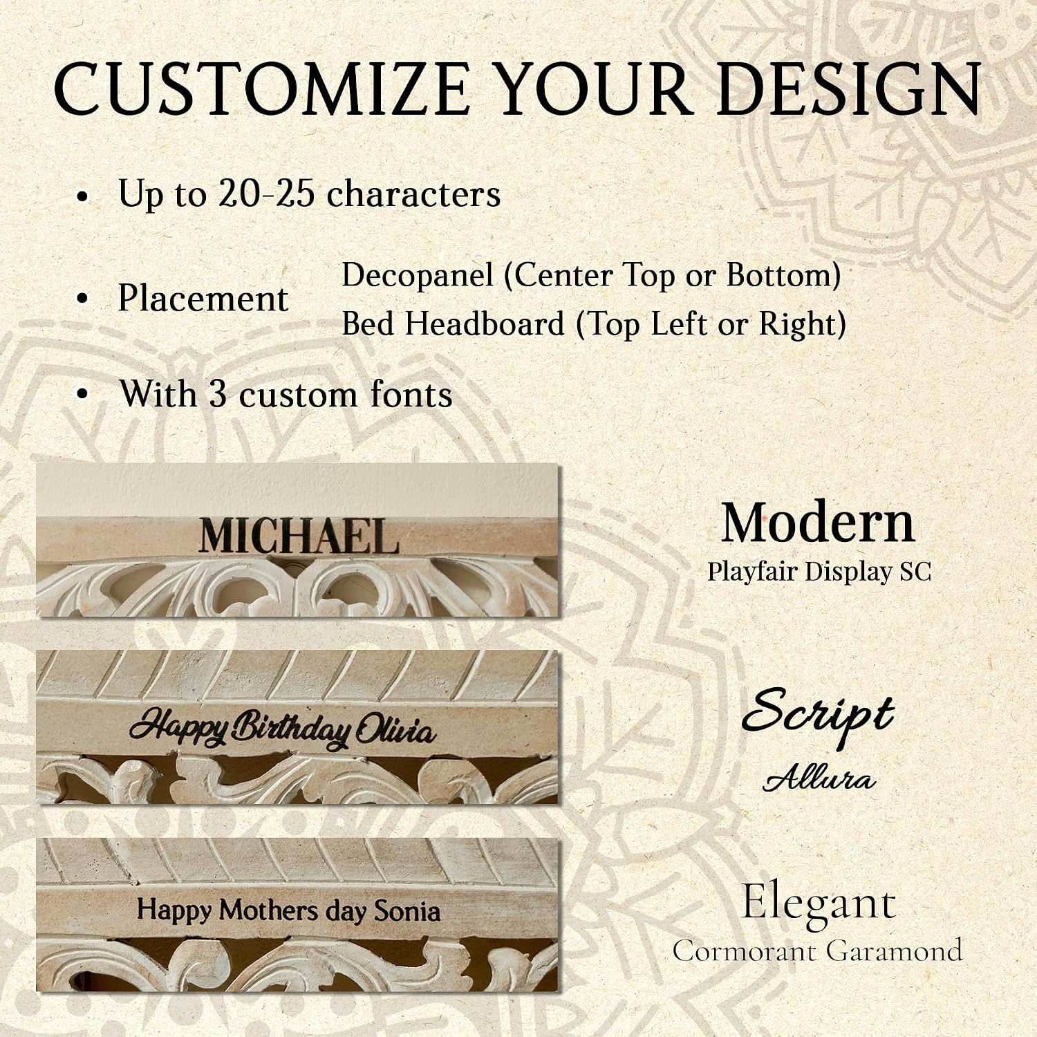 Manusa Antic Custom Engraved Wood Headboard Panels, Personalized Hand Carved Mandala Boho Bedroom Wall Decor, King or Queen, Hardware Included