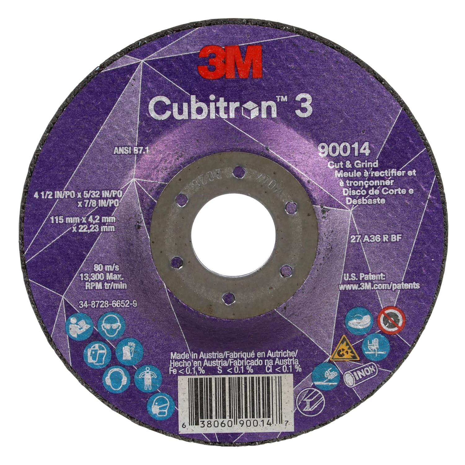 3M Cubitron 3 Cut and Grind Wheel, 90014, 36+, T27, 4-1/2 in x 5/32 in x 7/8 in, Pack of 10, ANSI, Longer Life, Faster Cut, Back-Gouging, Fillet Weld Removal, Cutting, Grinding
