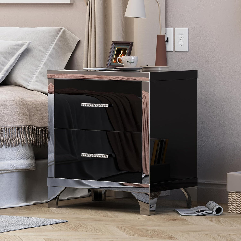 Modern High Gloss Nightstand Set of 2 for Bedroom, Elegant Black 2 Drawer Nightstand with Silver Mirrored Handle and Base, Wood End Table Sofa Side Table for Living Room Bedroom (Black)