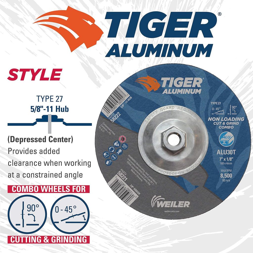 Weiler 58222 7 x 1/8 Tiger Aluminum Type 27 Cut Off/Grind Combo Wheel ALU30T 5/8-11 Nut (Pack of 10)