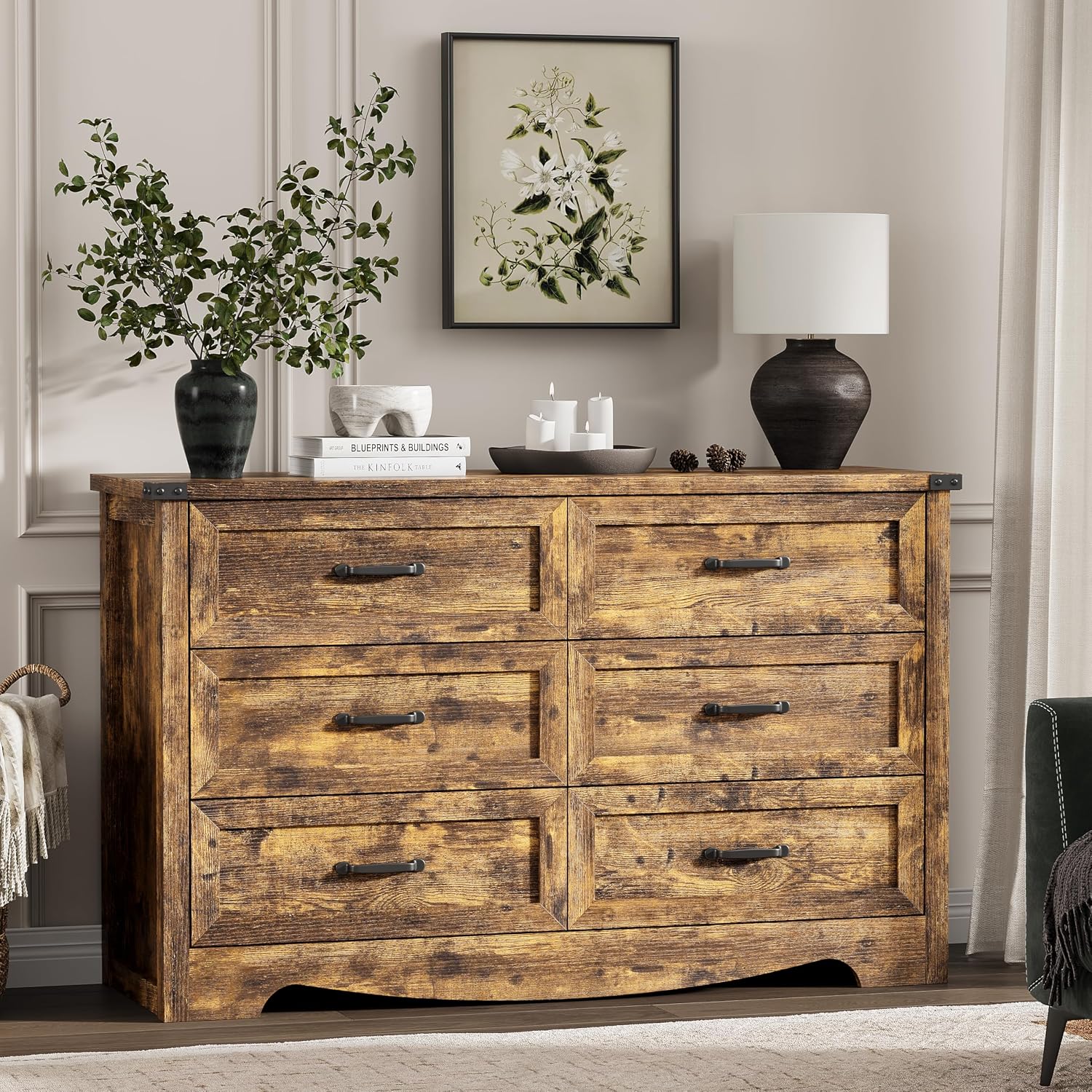 Dresser for Bedroom with 6 Drawers, 48' Wide Wood Chest of Drawers with Deep Drawers & Mental Handle, Wooden Dresser TV Stand, Modern Closet Storage Organizer for Living Room, Hallway, Entryway, Brown