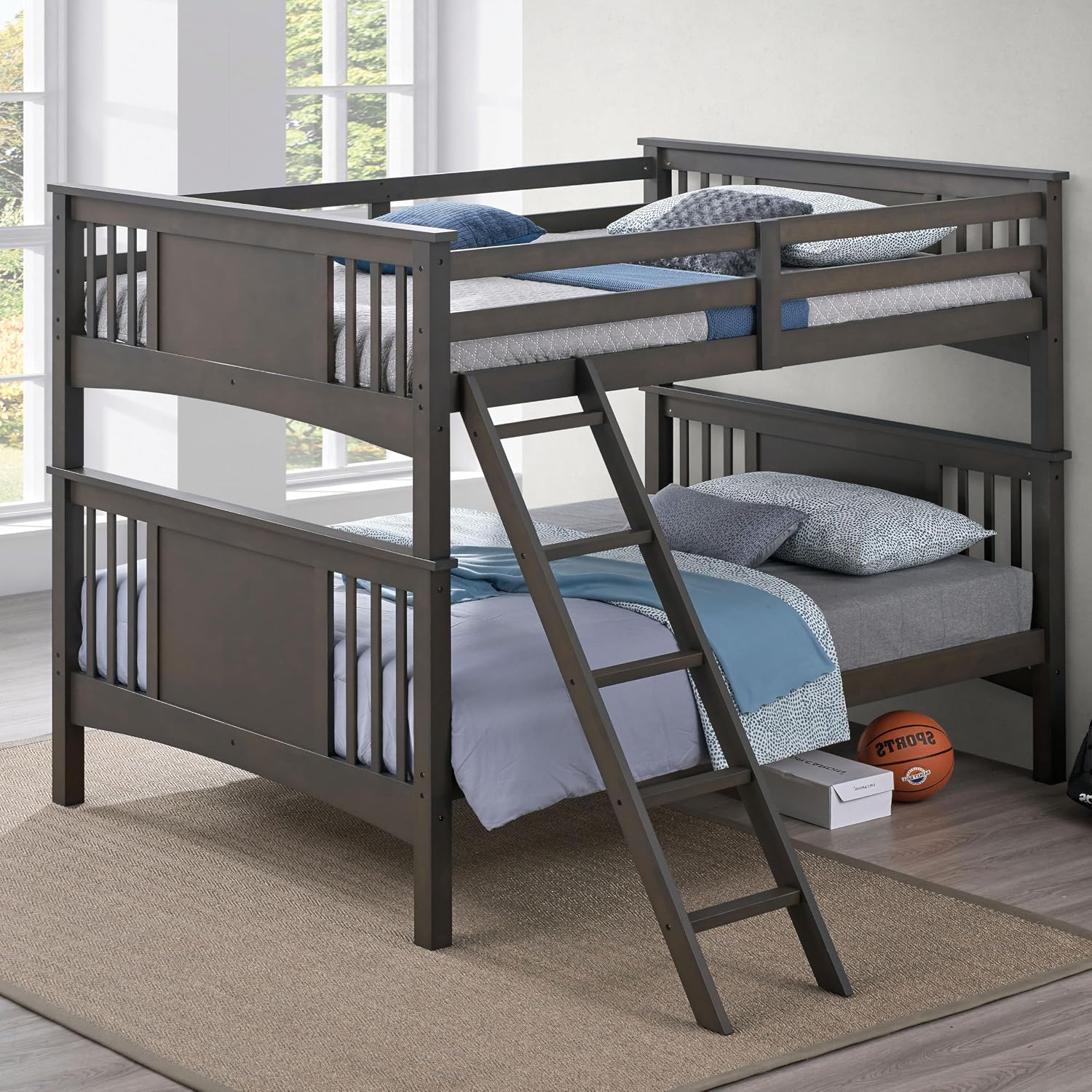 Furniture of America Althea Modern Solid Wood Full Over Full Bunk Bed with Angeled Ladder, No Box Spring Required, for Kids, Boys, Girls, Bedroom, Dorm, Stain Grey