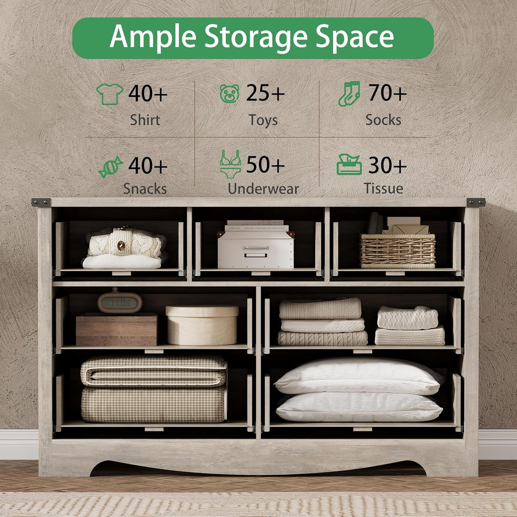Dresser for Bedroom with 7 Drawers, 48' Wide Modern Chest of Drawers with Deep Drawers & Mental Handle, Wood Dresser TV Stand, Wooden Closet Storage Organizer for Living Room, Hallway, Entryway, Grey