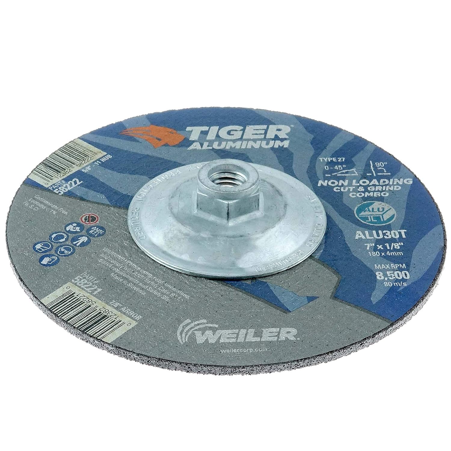 Weiler 58222 7 x 1/8 Tiger Aluminum Type 27 Cut Off/Grind Combo Wheel ALU30T 5/8-11 Nut (Pack of 10)