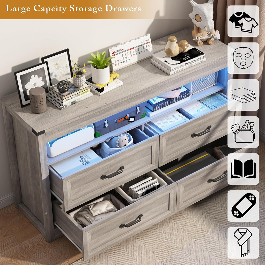 Wodeer Grey Dresser for Bedroom, Wooden 4 Drawer Dresser with LED Light, Dressers & Chests of Drawers with Metal Handles, Storage and Organization for Bedroom, Hallway, Entryway, Gray