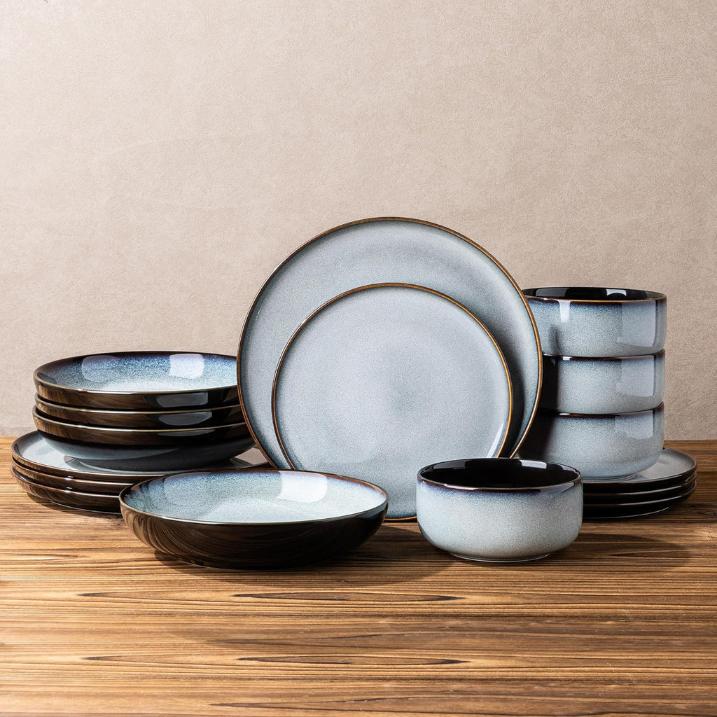 LERATIO Ceramic Dinnerware Sets with Pasta Bowls for 4,Plates and Bowls Sets,Oven &Microwave & Dishwasher Safe,Light Weight & Scratch Resistant Dishes Sets-Service for 4 (16pcs)-Gray White