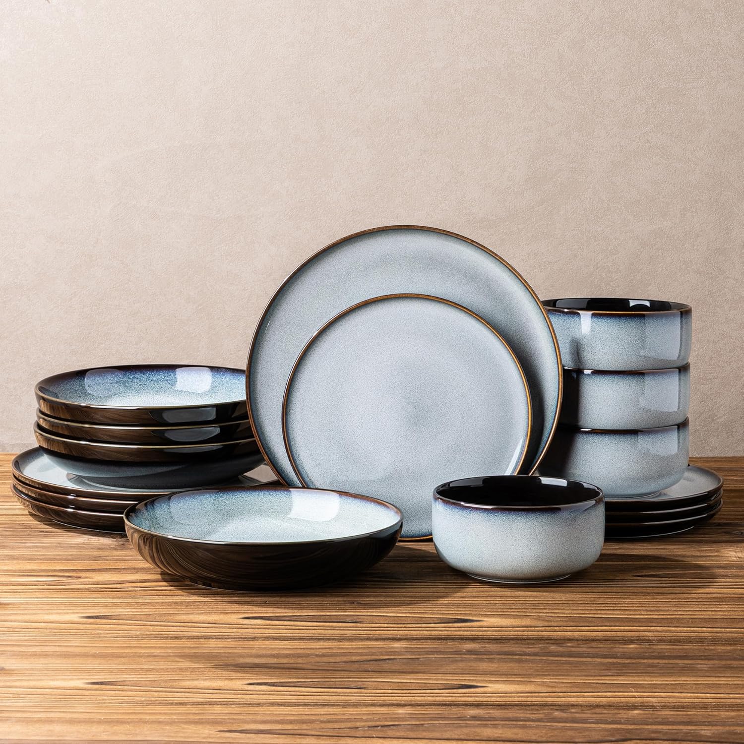 LERATIO Ceramic Dinnerware Sets with Pasta Bowls for 4,Plates and Bowls Sets,Oven &Microwave & Dishwasher Safe,Light Weight & Scratch Resistant Dishes Sets-Service for 4 (16pcs)-Gray White