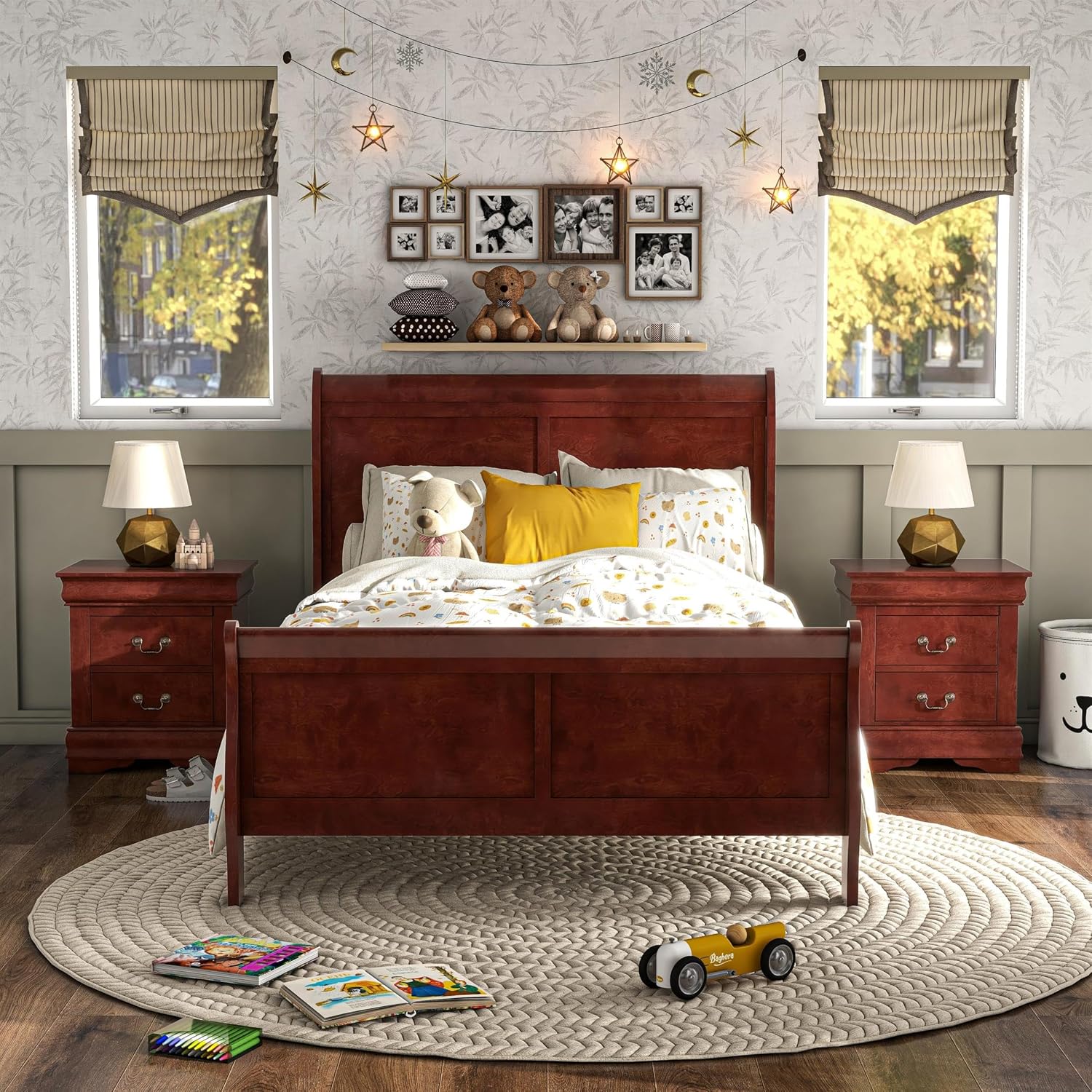 MAKLAINE Modern Transitional Solid Wood Panel Full Bed, Cherry Finish, Sleigh Design with Paneled Headboard, Footboard, and Bracket Feet, 83.5' L x 56.25' W x 47.25' H, Kids Bedroom Furniture