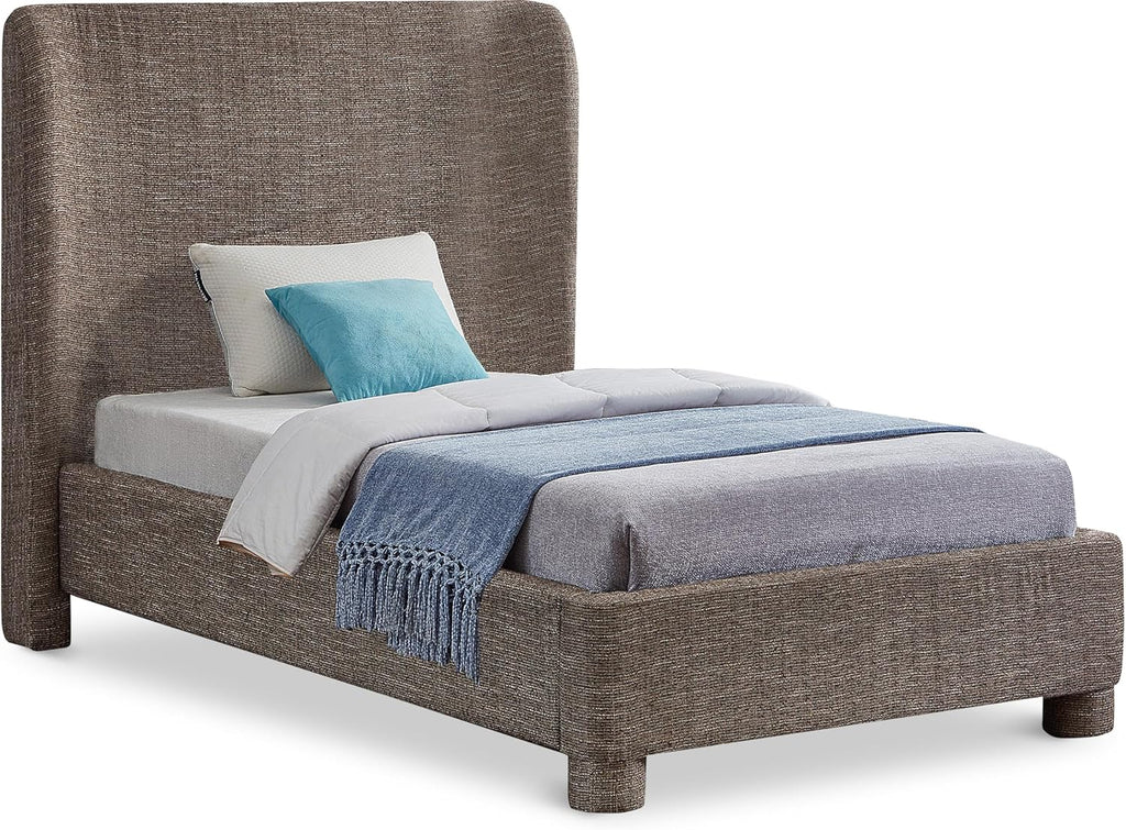 Meridian Furniture B1205Brown-T Penny Collection Modern | Contemporary Twin Bed with Rich Brown Linen Textured Fabric, Curved Headboard, 52' W x 82.5' D x 52' H, Brown, Twin