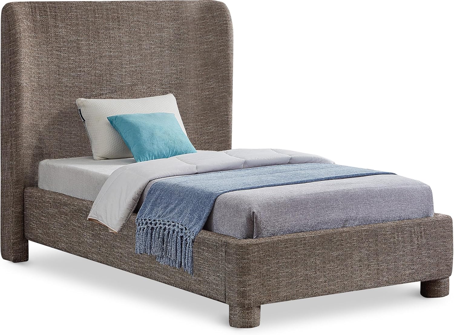 Meridian Furniture B1205Brown-T Penny Collection Modern | Contemporary Twin Bed with Rich Brown Linen Textured Fabric, Curved Headboard, 52' W x 82.5' D x 52' H, Brown, Twin